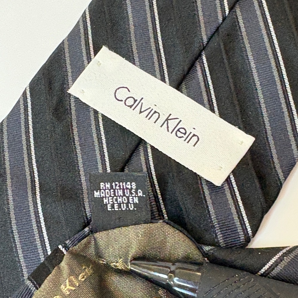 Calvin Klein Mens Silk Necktie Black Blue Grey Striped Made in USA RN 121148